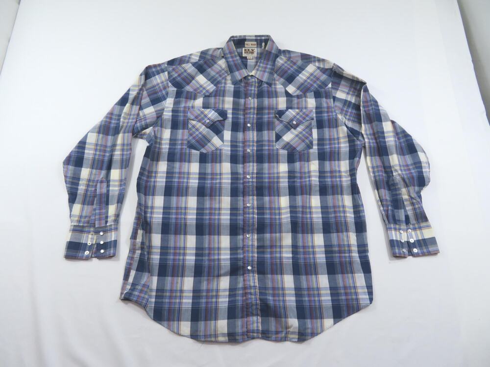 Ely Cattleman Western Pearl Snap Gray Blue Plaid Shirt Sz XL 17.5 Tall Man